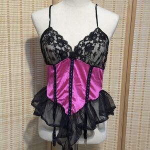 Vtg Chic Lingerie Baby Doll  Sz Med Black Pink Satin Lace Garters Belt Bodysuit